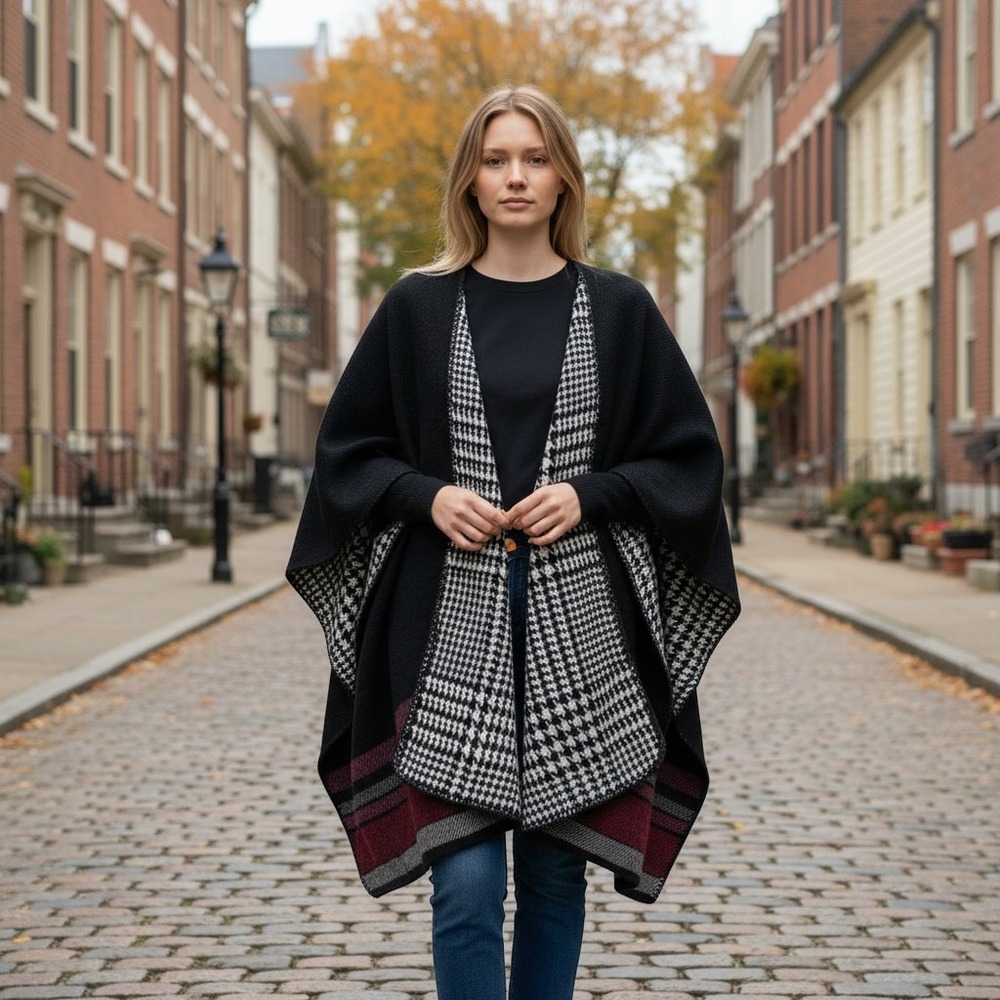 Woolrich Women's Reversible Houndstooth Poncho Black One Size Aztec nursing